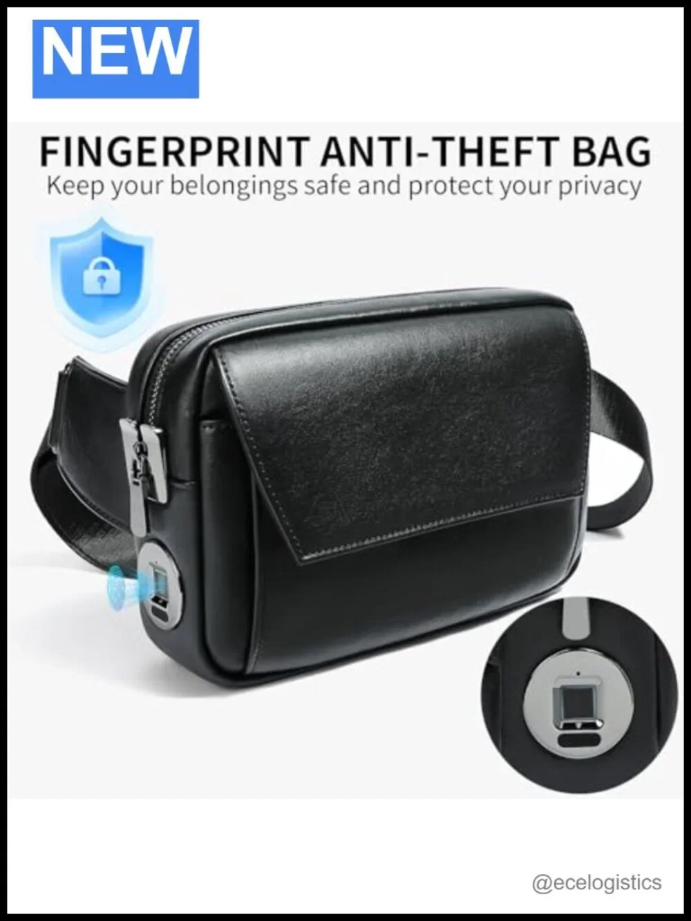 Anti-Theft Crossbody Bag with Fingerprint Lock, Leather Travel Sling